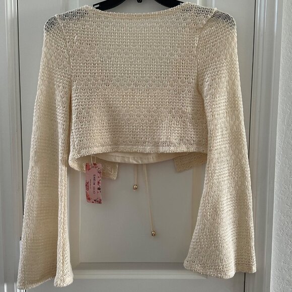 Shein Womens Beige Cropped V-Neck Bell Sleeve Knit Top M Polyester - Picture 2 of 8